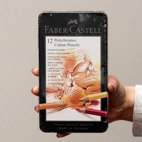 Faber-Castell Polychromos Colored Pencil Set 12ct front of tin